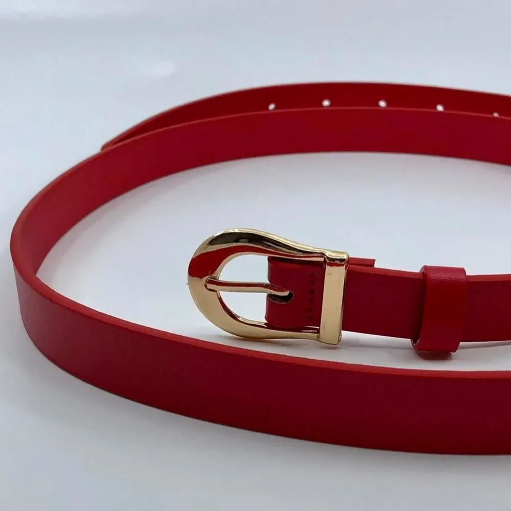 Women's Red Faux Leather Belt w/ Gold Buckle, Fits 34